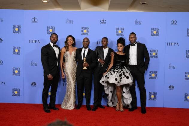 Jan 8, 2017 - Beverly Hills, California, U.S - For Best Motion Picture Drama, the Golden Globe is awarded to Moonlight directed by Barry Jenkins. Trevante Rhodes, Naomie Harris, Barry Jenkins, Ashton Sanders, Jangle Monae, and Mahershala Ali pose with the award backstage in the press room at the 74th Annual Golden Globe Awards at the Beverly Hilton in Beverly Hills. Beverly Hills U.S - ZUMAz03_ 20170108_sha_z03_568