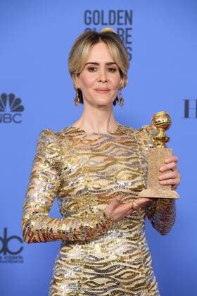 Jan 8, 2017 - Beverly Hills, California, U.S - After winning the category of BEST PERFORMANCE BY AN ACTRESS IN A MINI-SERIES OR MOTION PICTURE MADE FOR TELEVISION for her role in The People v. O.J. Simpson: American Crime Story, actress SARAH PAULSON poses backstage in the press room with her Golden Globe Award at the 74th Annual Golden Globe Awards at the Beverly Hilton in Beverly Hills, CA on Sunday, January 8, 2017. Beverly Hills U.S - ZUMAz03_ 20170108_sha_z03_461