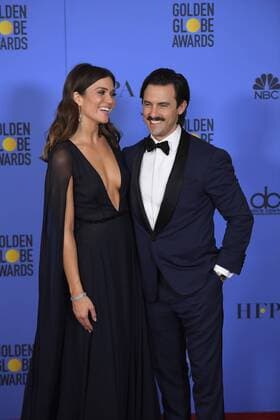 January 8, 2017 - Los Angeles, California, U.S. - MANDY MOORE AND MILO VENTIMIGLIA from THIS IS US backstage at the 74th Annual Golden Globe Awards, at The Beverly Hilton in Beverly Hills. Los Angeles U.S. - ZUMAz03_ 20170108_zbp_z03_408