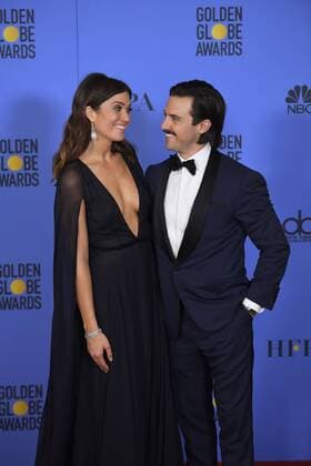 January 8, 2017 - Los Angeles, California, U.S. - MANDY MOORE AND MILO VENTIMIGLIA from THIS IS US backstage at the 74th Annual Golden Globe Awards, at The Beverly Hilton in Beverly Hills. Los Angeles U.S. - ZUMAz03_ 20170108_zbp_z03_409