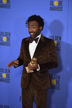 January 8, 2017 - Los Angeles, California, U.S. - DONALD GLOVER celebrates his win backstage at the 74th Annual Golden Globe Awards, at The Beverly Hilton in Beverly Hills. Los Angeles U.S. - ZUMAz03_ 20170108_zbp_z03_406