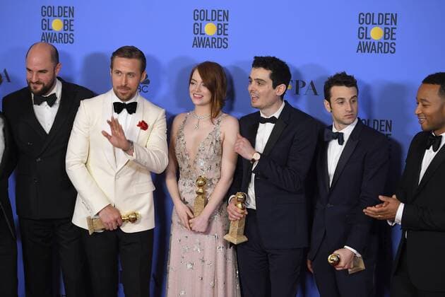 January 8, 2017 - Los Angeles, California, U.S. - CAST AND CREW OF LaLaLAND celebrates backstage at the 74th Annual Golden Globe Awards, at The Beverly Hilton in Beverly Hills. Los Angeles U.S. - ZUMAz03_ 20170108_zbp_z03_426