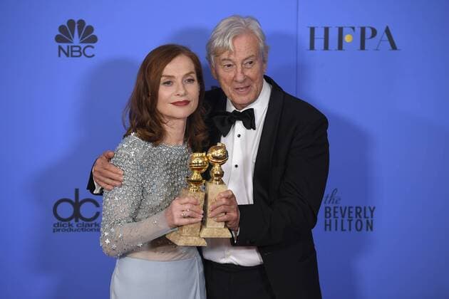 January 8, 2017 - Los Angeles, California, U.S. - ISABELLE HUPPERT and PAUL VERHOEVEN celebrate their win backstage for ELLE at the 74th Annual Golden Globe Awards, at The Beverly Hilton in Beverly Hills. Los Angeles U.S. - ZUMAz03_ 20170108_zbp_z03_430