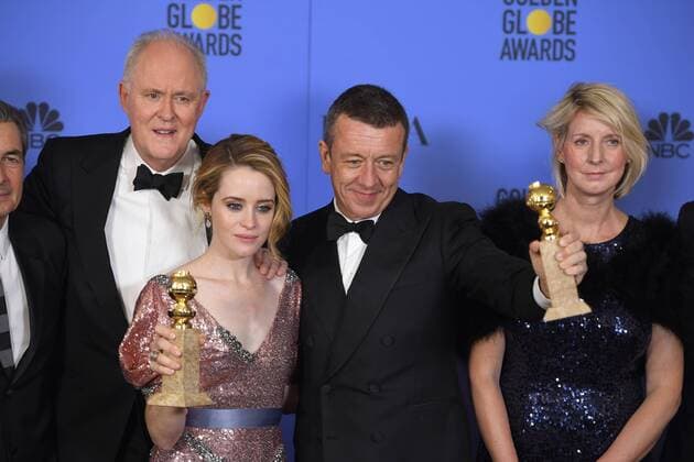 January 8, 2017 - Los Angeles, California, U.S. - THE CAST AND CREW OF THE CROWN celebrates backstage at the 74th Annual Golden Globe Awards, at The Beverly Hilton in Beverly Hills. Los Angeles U.S. - ZUMAz03_ 20170108_zbp_z03_393