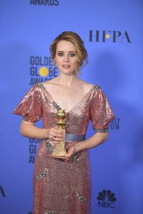 January 8, 2017 - Los Angeles, California, U.S. - CLAIRE FOY OF THE CROWN celebrates her win backstage at the 74th Annual Golden Globe Awards, at The Beverly Hilton in Beverly Hills. Los Angeles U.S. - ZUMAz03_ 20170108_zbp_z03_396