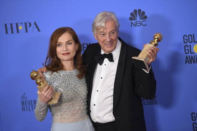 January 8, 2017 - Los Angeles, California, U.S. - ISABELLE HUPPERT and PAUL VERHOEVEN celebrate their win backstage for ELLE at the 74th Annual Golden Globe Awards, at The Beverly Hilton in Beverly Hills. Los Angeles U.S. - ZUMAz03_ 20170108_zbp_z03_432