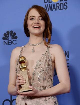 Emma Stone, winner of the award for Best Performance by an Actress in a Motion Picture Musical or Comedy for La La Land appears backstage with her trophy during the 74th annual Golden Globe Awards at the Beverly Hilton Hotel in Beverly Hills, California on January 8, 2017.  LAP201701084028 JIMxRUYMEN