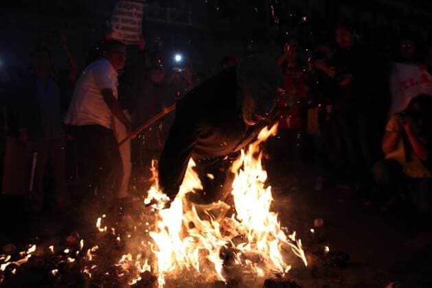 January 9, 2017 - Mexico City, Mexico - Demonstrators burned a figure of Donald Trump, and the Mexican President Enrique PeoÂ±a Nieto in front of Nacional Palace of Mexico City, on 9 January 2017. As a part of the demonstration against fuel prices in all the country. Largely peaceful protests against the fuel price increases continued nationwide in Mexico, and looting seen last week largely subsided. The protests have left hundreds of businesses looted and more than 1,50 Mexico City Mexico  - ZUMAn230 20170109_zaa_n230_058