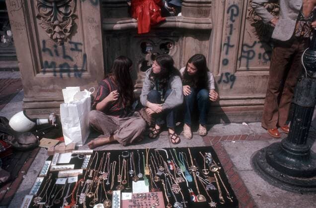 Material in advance of 50 year anniversary of the Summer of Love Hippies sell trinkets near Bethesda Fountain in Central Park, June 1967. (  RICHARDxB.xLEVINE