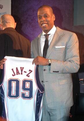 Jan 18, 2007; Brooklyn, NY, USA; JAY-Z, whose real name is SHAWN CARTER, part owner of the NJ Nets holds up a Nets jersey as Barclays, a global financial services company, and the Nets, of the National Basketball Association, announce a multi-faceted marketing partnership that includes the 20-year naming rights to the Barclays Center, the planned centerpiece of the Atlantic Yards development in Brooklyn at the Brooklyn Museum of Art in Brooklyn. Mandatory - ZUMAb09_ 20070118_bry_b09_387