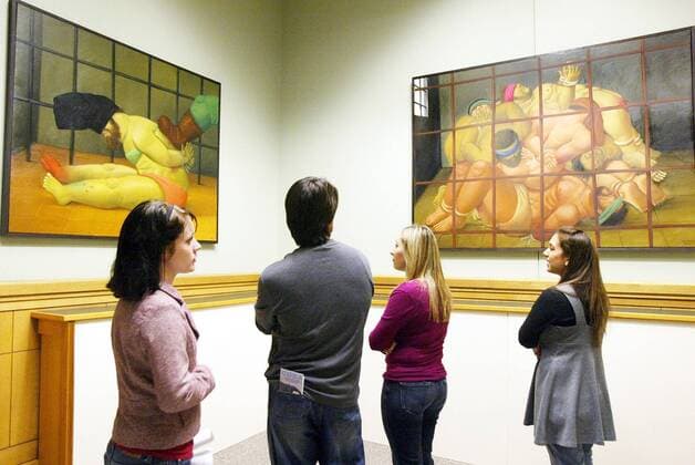 Jan 26, 2007 - Berkeley, CA, USA - UC Davis students, from left, ALEJANDRA ALVAREZ, JESSE JAUREGUI, MARICELA PRADO AND JACQUELINE CHIRINO look at the exhibit Abu Ghirad by Colombian artist Fernando Botero during the opening recption at the Doe Library in the University of California in Berkeley, Calif., on Monday, Jan. 29, 2007. Botero s 24 paintings and 23 drawings depicts the torture of the Iraqi prisoners.  - ZUMAHIBI 20070126_mdm_o23_207