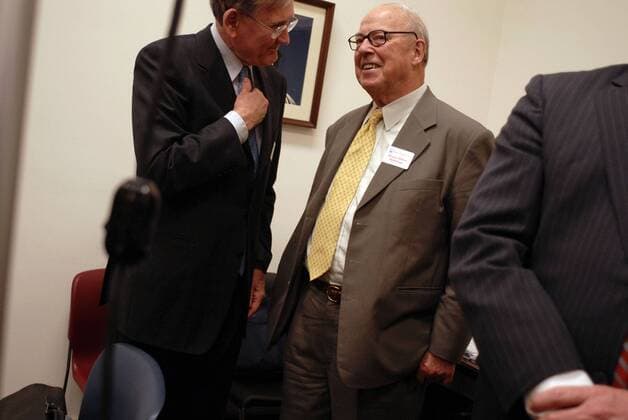May 03, 2007 - Washington, DC, USA - HANS BLIX, former Director of the International Atomic Energy Agency (IAEA) and Executive Chairman of UN Monitoring, Verification and Inspection Commission (UNMOVIC; from March 2000 - June 2003) talks to Ambassador THOMAS GRAHAM, JR., head of the Bipartisan Security Group and Co-Chair of the American Bar Association Task Force on Nuclear Nonproliferation before at a panel on Capitol Hill discussing nuclear nonproliferation titled, Nuclear Weapons: Resolving Iran, Reviewing Iraq. The work of UN weapons inspectors in the lead-up to the Iraq war has garnered new attention in light of former CIA Director George Tenet s book At the Center of Storm. - ZUMAm97_ 20070503_sim_m97_028