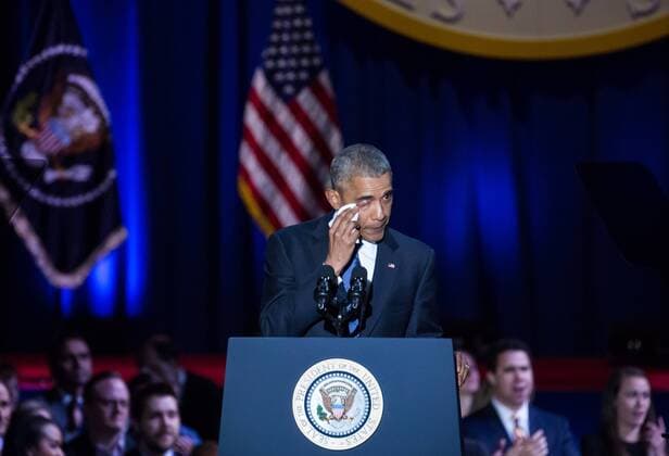 January 10, 2017 - Chicago, IL, United States - On Tuesday, January 10, U.S. President Barack Obama wipes tears, as he gives thanks to his wife, First Lady Michelle Obama, for her dedication to country, family and being his best friend, during his farewell address to the American people at McCormick Place in Chicago, Illinois. Chicago United States  - ZUMAn230 20170110_zaa_n230_430