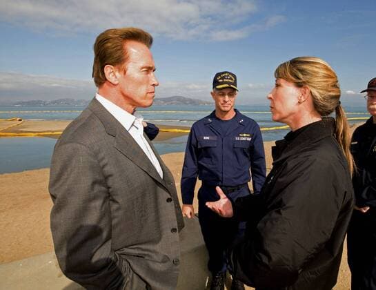 Nov 09, 2007 - San Francisco, California, USA - California Governor ARNOLD SCHWARZENEGGER receiving briefing on Oil Spill in San Francisco Bay. Governor Arnold Schwarzenegger has declared a state of emergency to help fight an oil spill that is threatening the coast of northern California. 58,000 gallons of oil had leaked from a container ship that rammed the Bay Bridge, creating a slick that has contaminated beaches and injured hundreds of birds from Hunters Point to the Marin Headlands and out to the Farallon Islands. - ZUMAz03_ 20071109_nar_z03_005