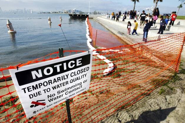 November 9th, 2007 - Oakland, California, USA - A warning sign is placed by the East Bay Regional Park Distrcit after absorbent booms were placed by Dillar Enviromental Services at Middle Harbor Shoreline Park in Oakland, Calif., Friday Nov. 9, 2007. Children from World Academy Charter School of Oakland, right, take a closer look of a death bird. The fauna is being affected by the oil spill from the cargo ship COSCO Busan that hit one of the towers of the Bay Bridge on Wednesday Nov. 7, 2007.  - ZUMADDLE 20071109_zaf_o23_001