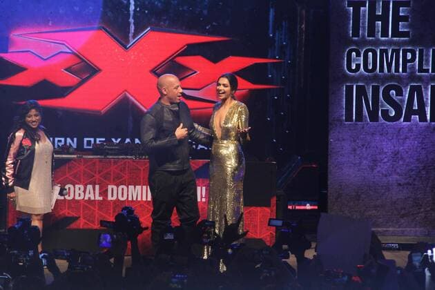 MUMBAI, INDIA - JANUARY 12: Hollywood actor Vin Diesel and Bollywood actor Deepika Padukone during a meet and greet with fans to promote the film xXx: Return of Xander Cage , on January 12, 2017 in Mumbai, India. . xXx: Return of Xander Cage is a 2017 American action film directed by D. J. Caruso and written by F. Scott Frazier. It stars Vin Diesel, Donnie Yen, Deepika Padukone, Kris Wu, Ruby Rose, Tony Jaa, Nina Dobrev, Toni Collette and Samuel L. Jackson. It is the third film in the xXx franchise and a sequel to both xXx (2002) and xXx: State of the Union (2005). (Photo by Pramod Thakur Hindustan Times ) Hollywood Actor Vin Diesel And Bollywood Actor Deepika Padukone Meet Fans In Mumbai