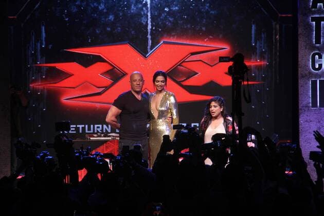 MUMBAI, INDIA - JANUARY 12: Hollywood actor Vin Diesel and Bollywood actor Deepika Padukone during a meet and greet with fans to promote the film xXx: Return of Xander Cage , on January 12, 2017 in Mumbai, India. . xXx: Return of Xander Cage is a 2017 American action film directed by D. J. Caruso and written by F. Scott Frazier. It stars Vin Diesel, Donnie Yen, Deepika Padukone, Kris Wu, Ruby Rose, Tony Jaa, Nina Dobrev, Toni Collette and Samuel L. Jackson. It is the third film in the xXx franchise and a sequel to both xXx (2002) and xXx: State of the Union (2005). (Photo by Pramod Thakur Hindustan Times ) Hollywood Actor Vin Diesel And Bollywood Actor Deepika Padukone Meet Fans In Mumbai