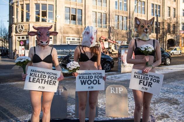 Berlin Tierschuetzerprotest zur Fashion Week Traueraktion der Tierrechtsorganisation PETA zum Start der Mercedes Benz-Fashion Week. Drei Aktivistinnen der Tierrechtsorganisation PETA legten fast unbekleidet bei -4°C sich mit Tiermasken von Fuchs, Kuh, Schaf am kommenden Dienstag den 17. Januar 2017 vor dem Eroeffnungsort der Berliner Modewoche vor symbolische Grabsteine. Unter dem Motto: Modeopfer: Getoetet fuer Pelz, Leder, Wolle appellierten sie an die Modeeinkaeufer und Verbraucher, sich ueber das Tierleid zu informieren, das hinter Leder- und Wolljacken oder Kaninchenpelzwesten steckt. 1z.1.2017, Berlin