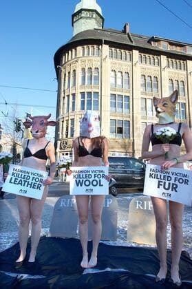 Mit Tiermasken von Fuchs, Kuh und Schaf vor symbolischen Grabsteinen, protestierten Unterstuetzer der Tierrechtsorganisation PETA am Dienstag (17.01.2017) am Schauplatz des ersten Runways der Fashion Week in Berlin. Unter dem Motto: Modeopfer: Getoetet fuer Pelz, Leder, Wolle appellieren die Tierschuetzer an die Modeeinkaeufer und Verbraucher, sich ueber das Tierleid zu informieren, das hinter Lederjacken, Wollcardigans oder Kaninchenpelzwesten steckt. PETA setzt sich fuer die Verwendung rein pflanzlicher oder synthetischer Materialien in der Bekleidungsbranche ein. PETA-Tierleichen trauern zum Start der Fashion Week um verlorene Leben Copyright: epd-bild RolfxZoellner EDITORIAL USE ONLY