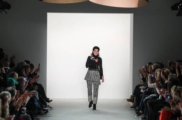 (170117) -- BERLIN, Jan. 17, 2017 -- German disigner Dorothee Schumacher greets the audience after a show during the Berlin Fashion Week in Berlin, Germany, on Jan. 17, 2017. ) (wtc) GERMANY-BERLIN-FASHION WEEK-DOROTHEE SCHUMACHER ShanxYuqi 