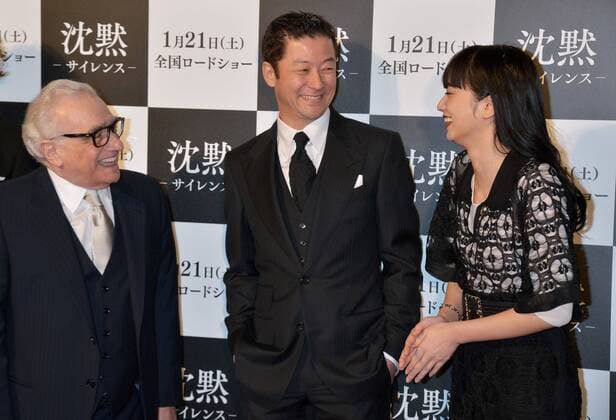 (L-R)Director Martin Scorsese, actor Tadanobu Asano and actress Nana Komatsu attend the Japan Premiere for the film Silence in Tokyo, Japan on January 17, 2017.  TKP2017011708 KEIZOxMORI