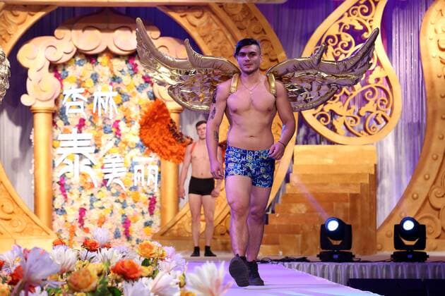 Shenyang, China - Shenyang, CHINA-January 14 2017: (EDITORIAL USE ONLY. CHINA OUT) ..A male model walks on the runway during a fake Victoria s Secret fashion show in Shenyang, northeast China s Liaoning Province. A plastic surgery hospital held the Victoria s Secret Fashion Show , hiring models to wear wings and lingerie during the show, which attracted many people. Shenyang China  - ZUMAs145 20170118_zaa_s145_023
