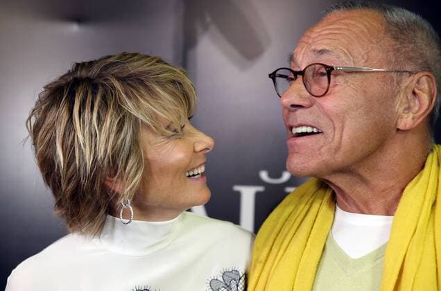 MOSCOW, RUSSIA - JANUARY 18, 2017: Russian film director Andrei Konchalovsky with his wife Julia Yulia Vysotskaya at the Moscow premiere of his latest drama film Paradise at the Karo 11 Oktyabr cinema. Artyom Geodakyan TASS  TS03E513
