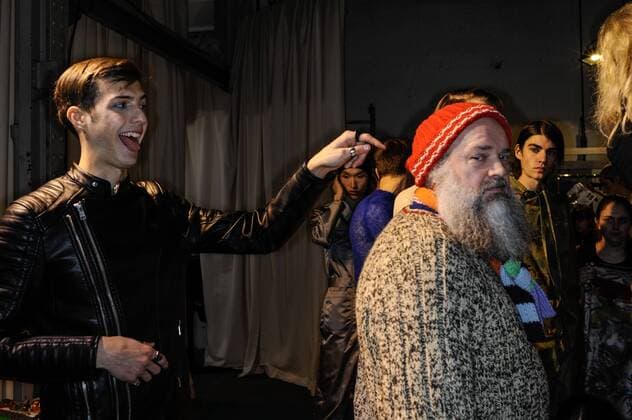 France:Beirendonck backstage at PFW A model playing with Walter van Beirendonck, backstage, Paris Man s Fashion week.  GaetanoxPiazzolla