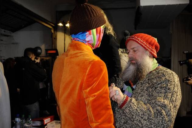 France:Beirendonck backstage at PFW Walter van Beirendonck dressing a model. backstage, Paris man s fashion week.  GaetanoxPiazzolla