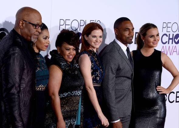 (L-R) Actors James Pickens Jr., Kelly McCreary, Chandra Wilson, Sarah Drew, Jason George, and Camilla Luddington attend the 43rd annual People s Choice Awards at the Microsoft Theater in Los Angeles on January 18, 2017.  LAP201701182254 JIMxRUYMEN