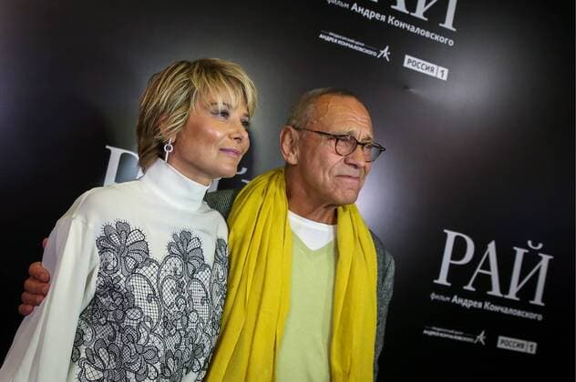 MOSCOW, RUSSIA - JANUARY 18, 2017: Russian film director Andrei Konchalovsky with his wife Julia Yulia Vysotskaya at the Moscow premiere of his latest drama film Paradise at the Karo 11 Oktyabr cinema. Artyom Geodakyan TASS  TS03E53F