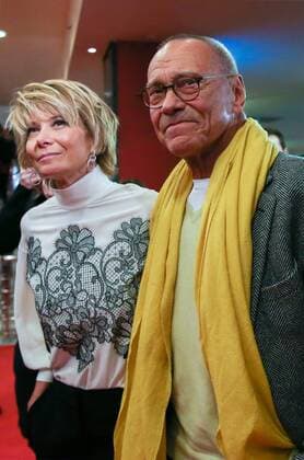 MOSCOW, RUSSIA - JANUARY 18, 2017: Russian film director Andrei Konchalovsky with his wife Julia Yulia Vysotskaya at the Moscow premiere of his latest drama film Paradise at the Karo 11 Oktyabr cinema. Artyom Geodakyan TASS  TS03E541