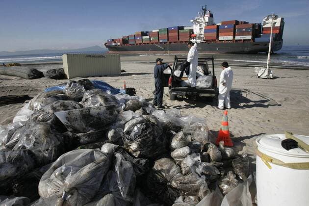 Jan 27, 2006; Ensenada, BC., Baja California, MEXICO; Environmental clean up workers unloaded bags of oil soaked absorbant pads that they used to collect oil from a small spill from the stranded container ship APL Panama. An armada of tugboats and a powerful pulling barge worked at daybreak to free the stranded container ship from the beach south of the entrance to Ensenada harbor on Friday January 27, 2006. Salvors are hopeful series of high tides over the next three days, along with more tugging power and a powerful water jet to blow sand away from the ship will free the stranded ship. The ship ran aground there more than a month ago. Mandatory - ZUMAs44_ 20060127_cob_s44_292 Copyright: xJohnxGibbinsx