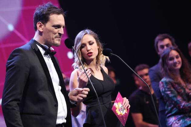 Comedians James Deano and Sarah Grosjean pictured during the second edition of the D6bels music awards for artists of Federation Wallonie-Bruxelles, Thursday 26 January 2017.  VIRGINIExLEFOUR 05034060