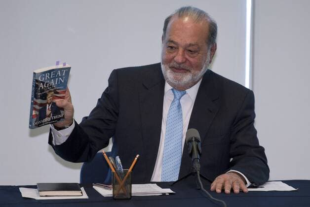 January 27, 2017 - Mexico City, Mexico, MEXICO - Mexican business magnate Carlos Slim holds a book by U.S. President Donald Trump during a press conference in Mexico City, Mexico, Friday Jan. 27, 2017. Slim called for national unity in the face of U.S. President Donald Trump s hostility, during a press conference and said Mexico should have a measured response, without getting angry but without surrendering. Mexico City MEXICO - ZUMAp124 20170127_zaa_p124_011 Copyright: xAntonioxNavax