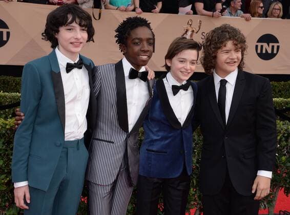 (L-R) Actors Finn Wolfhard, Caleb McLaughlin, Noah Schnapp and Gaten Matarazzo arrive for the the 23rd annual SAG Awards held at the Shrine Auditorium in Los Angeles on January 29, 2017. The Screen Actors Guild Awards will be broadcast live on TNT and TBS.  LAP20170129079 JIMxRUYMEN