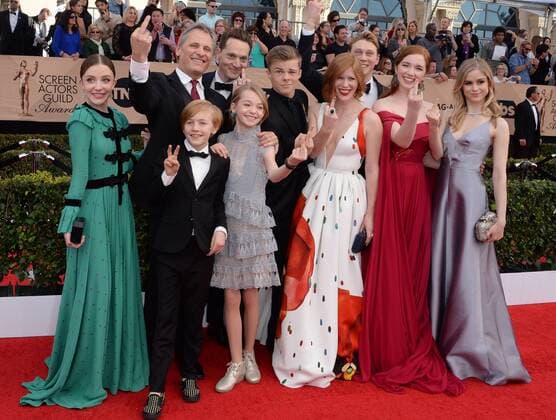 (L-R) Actors Samantha Isler, Viggo Mortensen, Matt Ross (back), Shree Crooks (front), Nicholas Hamilton (back), Charlie Shotwell (front), Trin Miller, George MacKay, Annalise Basso, and Erin Moriarty arrive for the the 23rd annual SAG Awards held at the Shrine Auditorium in Los Angeles on January 29, 2017. The Screen Actors Guild Awards will be broadcast live on TNT and TBS. LAP20170129496 JIMxRUYMEN