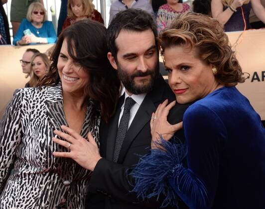 (L-R) Actors Jay Duplass, Alexandra Billings, and Amy Landecker arrive for the 23rd annual SAG Awards held at the Shrine Auditorium in Los Angeles on January 29, 2017. The Screen Actors Guild Awards will be broadcast live on TNT and TBS.  LAP20170129849 JIMxRUYMEN