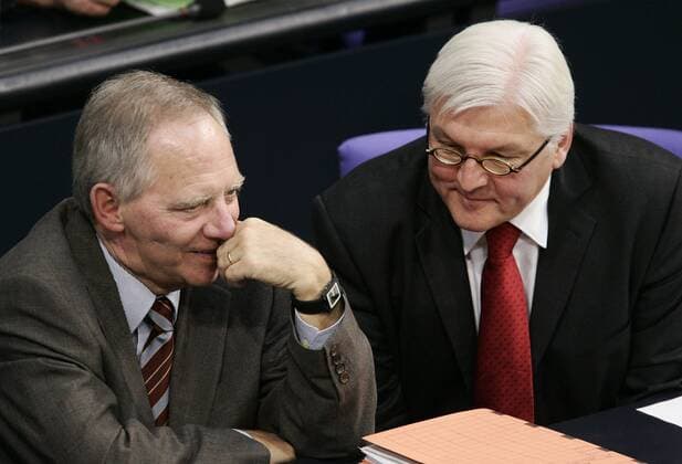 Nov 30, 2005 - Berlin, GERMANY - The first government policy statement of the new Federal Chancellor Angela Merkel. PICTURED: Minister of the Interior WOLFGANG SCHAEUBLE and Foreign Minister FRANK WALTER STEINMEIER - ZUMAkg1_ 20051130_olc_k98_678 Copyright: xK98x