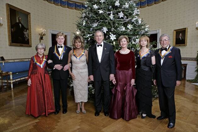 Dec. 4, 2005 - U.S. - KRT US NEWS STAND ALONE PHOTOGRAPH SLUGGED: BUSH-HONOREES KRT PHOTOGRAPH BY ERIC DRAPER THE WHITE HOUSE (December 4) WASHINGTON, DC -- President George W. Bush and first lady Laura Bush pose with the Kennedy Center honorees, from left, actress Julie Harris, actor Robert Redford, singer Tina Turner, ballet dancer Suzanne Farrell and singer Tony Bennett, Sunday, December 4, 2005, during the reception in the Blue Room at the White House. (lj) 2005. - ZUMAm67_ 20051204_baf_m67_086 Copyright: xEricxDraperx