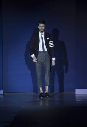 USA: The Blue Jacket Fashion Show Alessandro Mele in Thom Browne dress walks runway for the blue jacket fashon show in support for prostate cancer awarness during New York Fashion week at Pier 59  LevxRadin