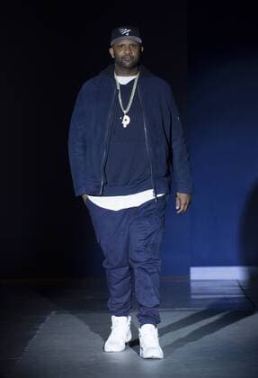 USA: The Blue Jacket Fashion Show CC Sabathia in John Varvatos dress walks runway for the blue jacket fashon show in support for prostate cancer awarness during New York Fashion week at Pier 59  LevxRadin