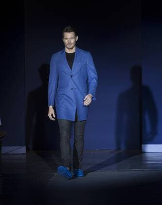 USA: The Blue Jacket Fashion Show Alex Lundqvist in Stephen Ferber dress walks runway for the blue jacket fashon show in support for prostate cancer awarness during New York Fashion week at Pier 59  LevxRadin