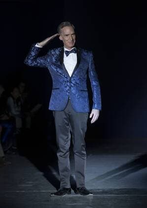 USA: The Blue Jacket Fashion Show Bill Nye in Nick Graham dress walks runway for the blue jacket fashon show in support for prostate cancer awarness during New York Fashion week at Pier 59  LevxRadin