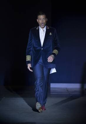 USA: The Blue Jacket Fashion Show Omar Sharif Jr in Gustavo Moscoso dress walks runway for the blue jacket fashon show in support for prostate cancer awarness during New York Fashion week at Pier 59  LevxRadin