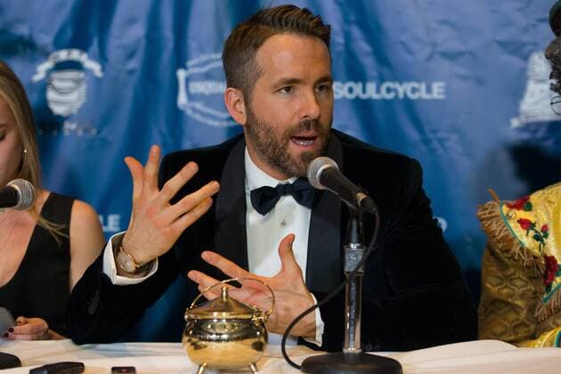 Actor Ryan Reynolds answers reporters questions during a press conference after he was awarded the Harvard University Hasty Pudding Theatricals 2017 Man of the Year inside Farkas Hall in Cambridge, Massachusetts on February 3, 2017.  BOS20170203014 MATTHEWxHEALEY