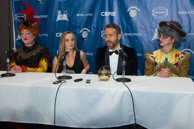 Actor Ryan Reynolds (2nd-R) answers reporters questions during a press conference while flanked by Harvard students after Reynolds was awarded the Harvard University Hasty Pudding Theatricals 2017 Man of the Year inside Farkas Hall in Cambridge, Massachusetts on February 3, 2017.  BOS20170203016 MATTHEWxHEALEY