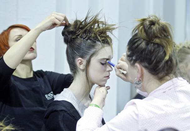 February 4, 2017 - Kiev, Ukraine - A model gets her makeup done backstage, during the Ukrainian Fashion Week in Kiev, Ukraine, on 04 February 2017. The fashion event presents Fall Winter 2017 18 collections by Ukrainian and International designers,from 4 to 8 February. Kiev Ukraine - ZUMAg194 20170204_zap_g194_025 Copyright: xSergxGlovnyx