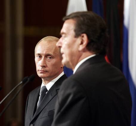Sep 08, 2005 - Berlin, GERMANY - The former Chancellor of Germany, GERHARD SCHROEDER and the President of Russia, VLADIMIR PUTIN, were strong advocates of the pipeline project during the negotiation phase. The agreement to build the pipeline was signed two weeks before the German parliamentary election. On 24 October 2005, just a few weeks before Schröder stepped down as a Chancellor, the German government guaranteed a credit of 1 billion euros for the Nord Stream pipeline project. Soon after leaving the post of Chancellor of Germany, Gerhard Schröder agreed to head the shareholders committee of the Nord Stream AG. This has been widely described by German and international media as a scandalous conflict of interest. - ZUMAkg1_ 20050908_olc_k98_391 Copyright: xJochenxZickx