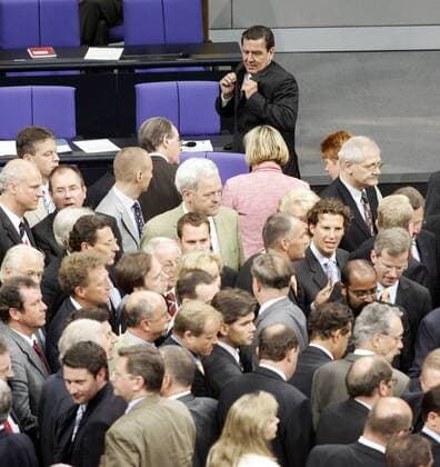 Jul 01, 2005 - Berlin, GERMANY - The German Federal Chancellor can propose a Motion of Confidence to the Bundestag. Chancellor Gerhard Schroeder lost on purpose in order to ask President Horst Koehler to dissolve the Bundestag. The alleged reason was a crisis of confidence in his labour and welfare reform programmes within his own SPD party. Most observers doubt that Schröder would have had the ability to keep his very slim majority in line until the regular election in late 2006. As a result of 2005 early federal election the participating parties (SPD and the CDU CSU) would form a Grand Coalition with Angela Merkel as Chancellor. PICTURED: German Chancellor GERHARD SCHROEDER during Vote for confidence. - ZUMAkg1_ 20050701_olc_k98_227 Copyright: xJochenxZickx
